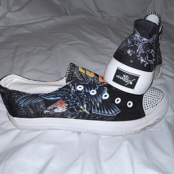 Y2K Ed Hardy Laceless Slip On Shoes Vintage Sneakers Womens Size 10 Eagle Tattoo - Picture 3 of 9